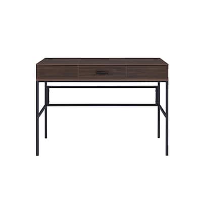 Wood Writing Desk with USB Port, Drawer and Black Metal Base