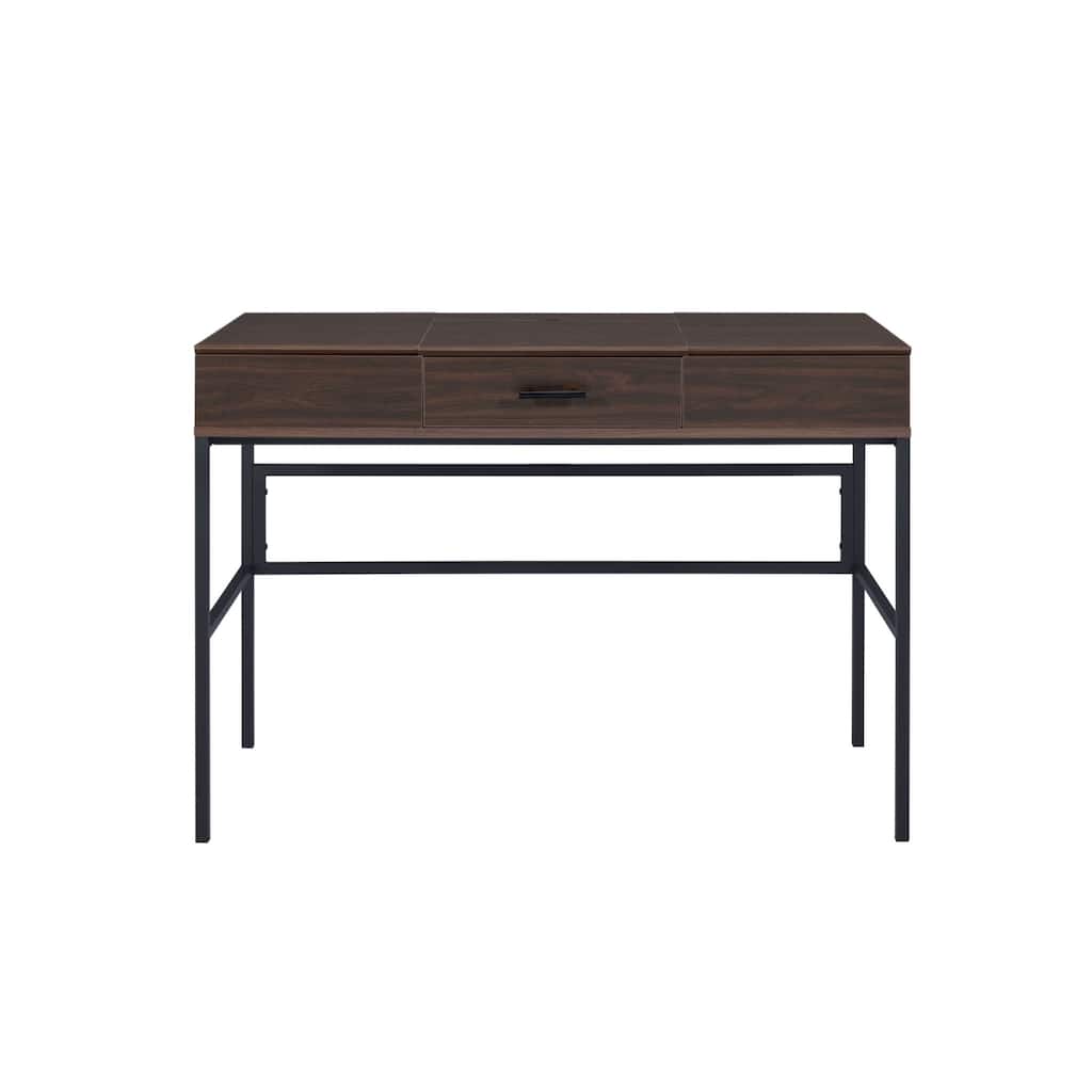 Wood Writing Desk with USB Port, Drawer and Black Metal Base
