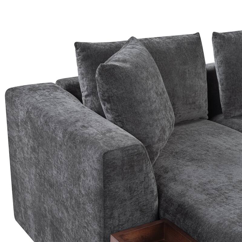 Sectional L-shaped Gray Chenille Sofa with Wooden Storage, 94"L x 61"W x 31"H, 187lbs