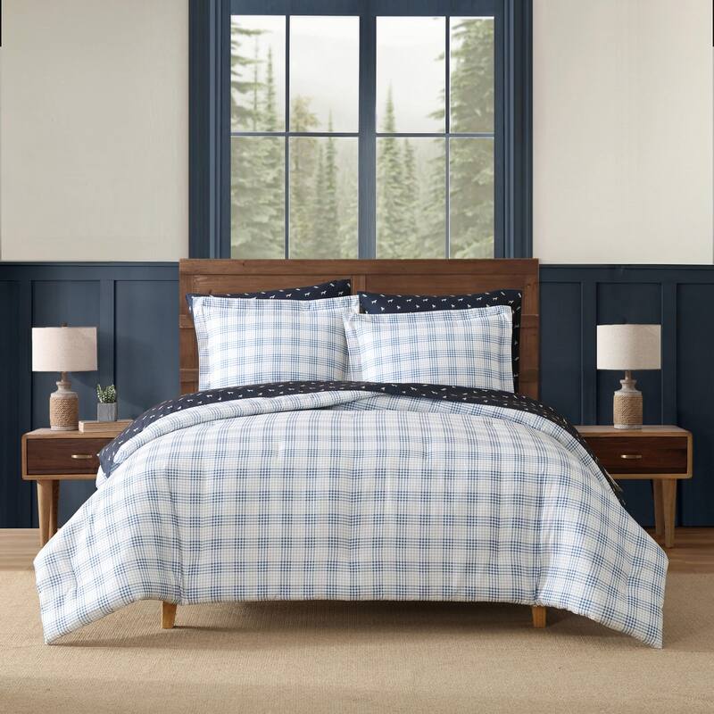 Eddie Bauer Beach Pine Plaid Reversible Blue Comforter Bonus Set