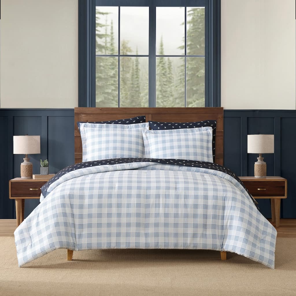 Eddie Bauer Beach Pine Plaid Reversible Blue Comforter Bonus Set