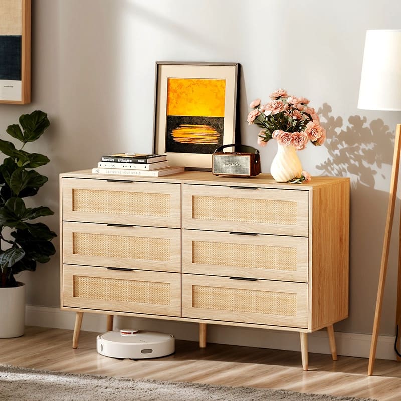 Oak 15MM P2 Density Board Solid Legs Real Rattan 47.2in 6-Drawer Cabinet