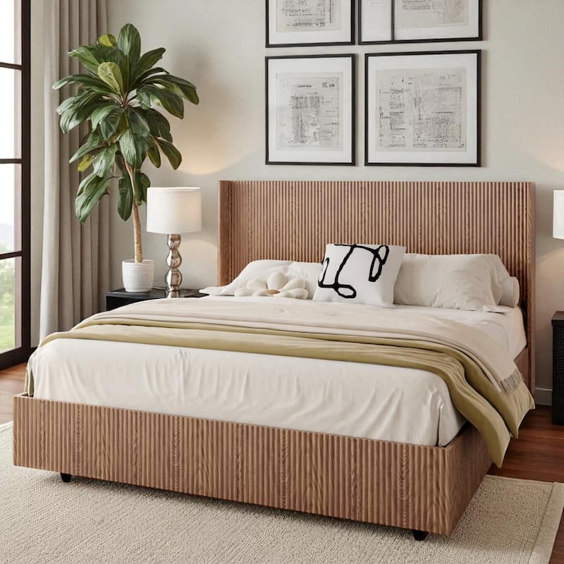 King Lift-Top Storage Platform Bed, Hydraulic Gas Lift, Grooved Headboard Shelves, Rustic Walnut, No Box Spring, Quiet