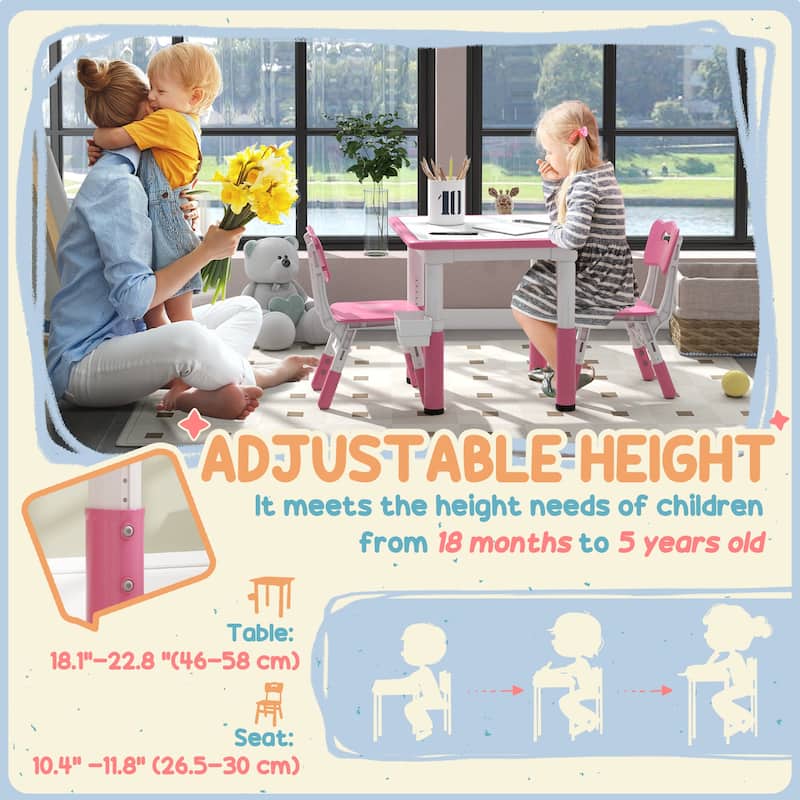 3 Piece Kids Table and Chairs, Height Adjustable Toddler Table and Chair Set with Storage, Easy to Wipe Activity Table