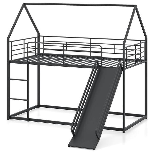 slide 2 of 6, House-Shaped Metal Bunk Bed Frame with Safety Guardrail & Roof Black