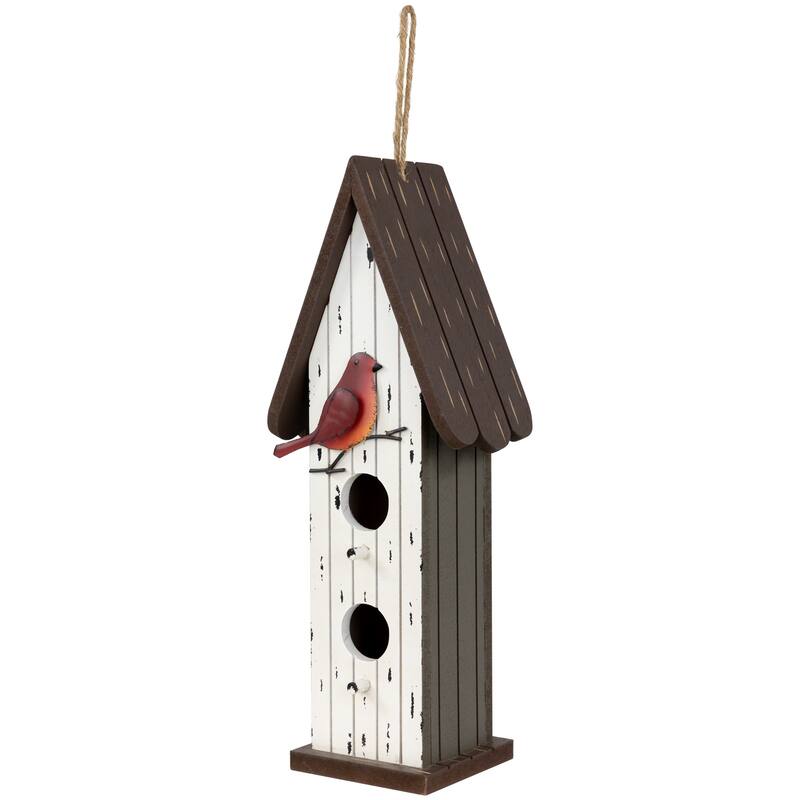 Wooden Birdhouse with Metal Bird Wall Decoration - 14.5" - Antique White