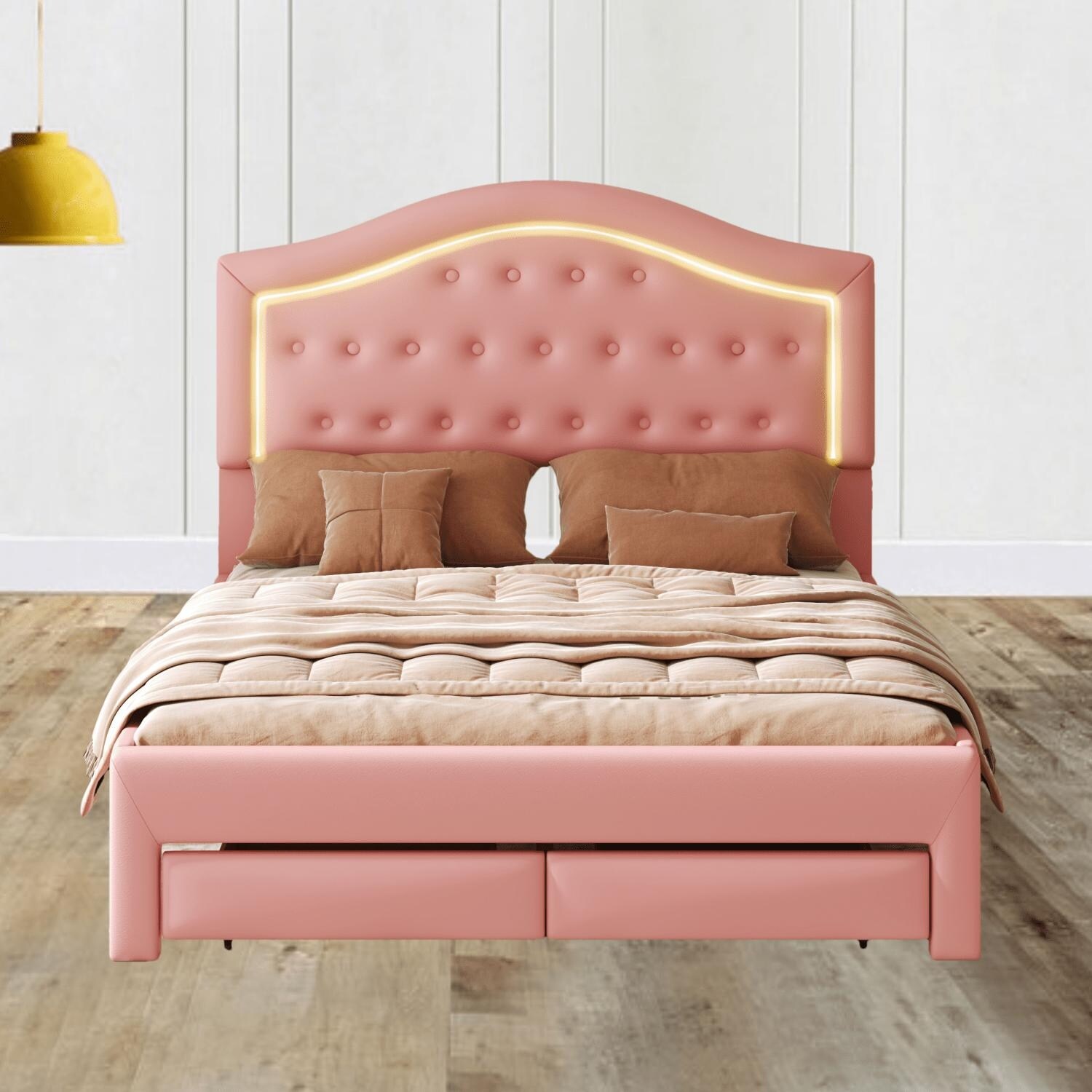 Stylish Full and Queen Upholstered Platform Bed with LED