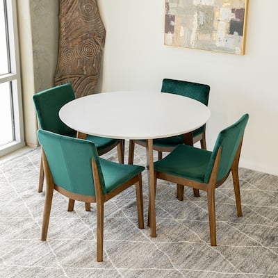 Contessa 5-Piece Mid-Century Modern Round Dining Set wi/4 Velvet Dining Chairs in Green