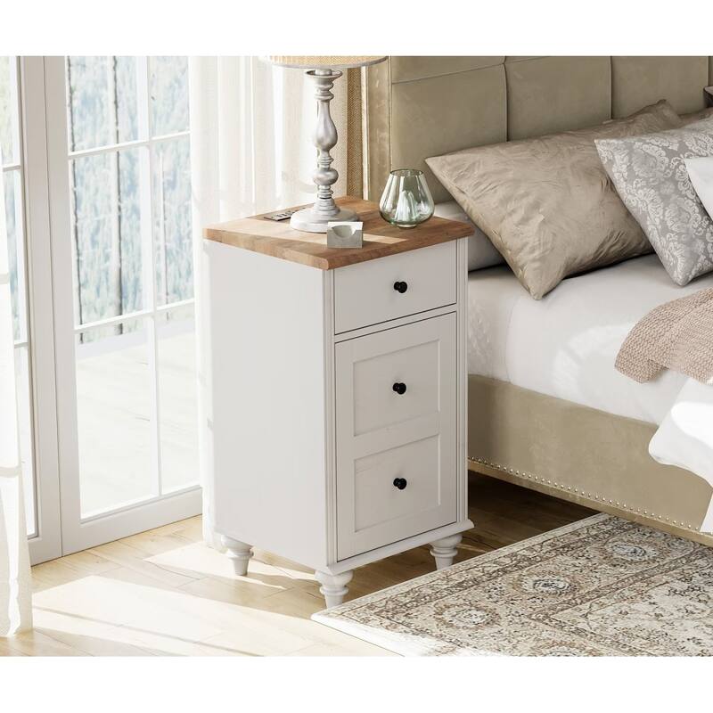 Set of 2 End Tables with Charging Station & Drawer Storage Cabinet