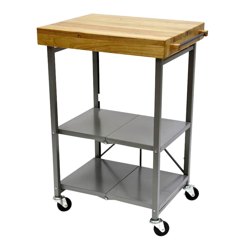 Origami Foldable Wheeled Portable Solid Wood Top Kitchen Island Bar Cart, Black - Silver