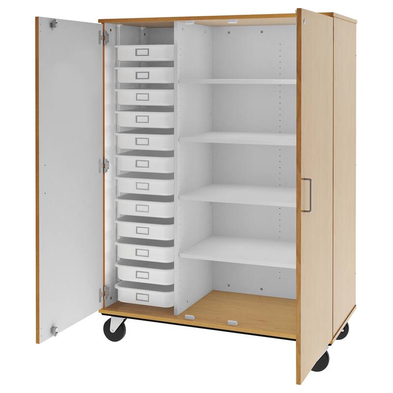 Mobile Tray Shelf Combo - Storage Unit with 12 Trays & 4 Shelves - Rolling Organizer for Office Classroom