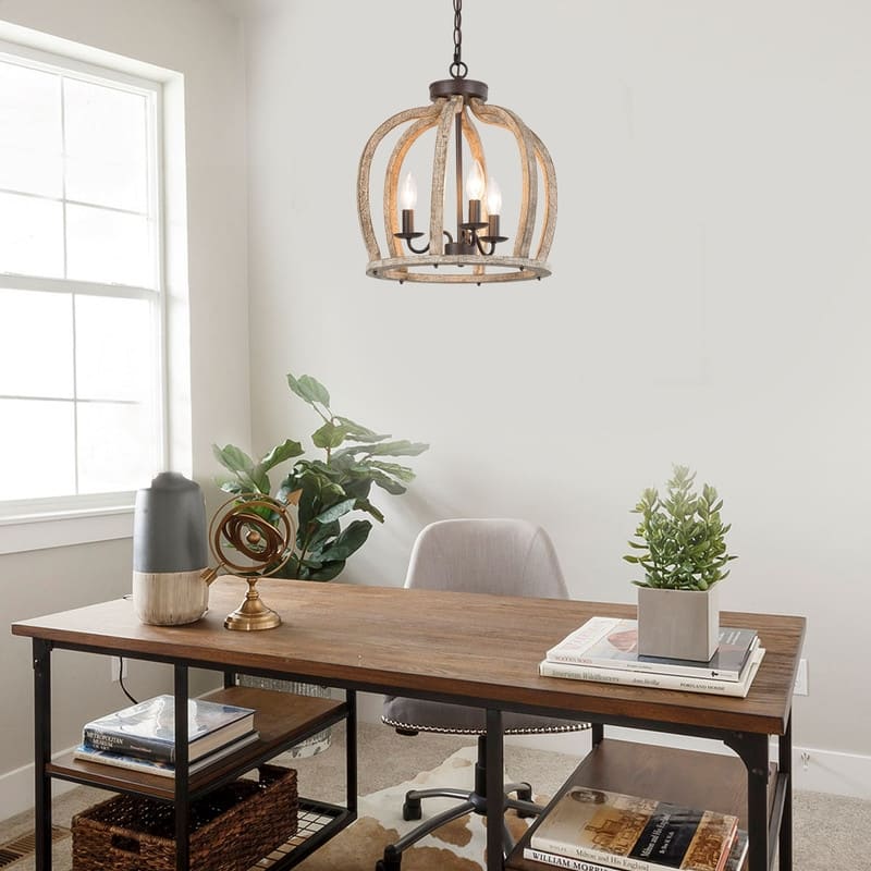 Farmhouse 3-Light Wood Cage Chandelier Lantern Pendant for Kitchen Island Foyer - D15'' x H76''