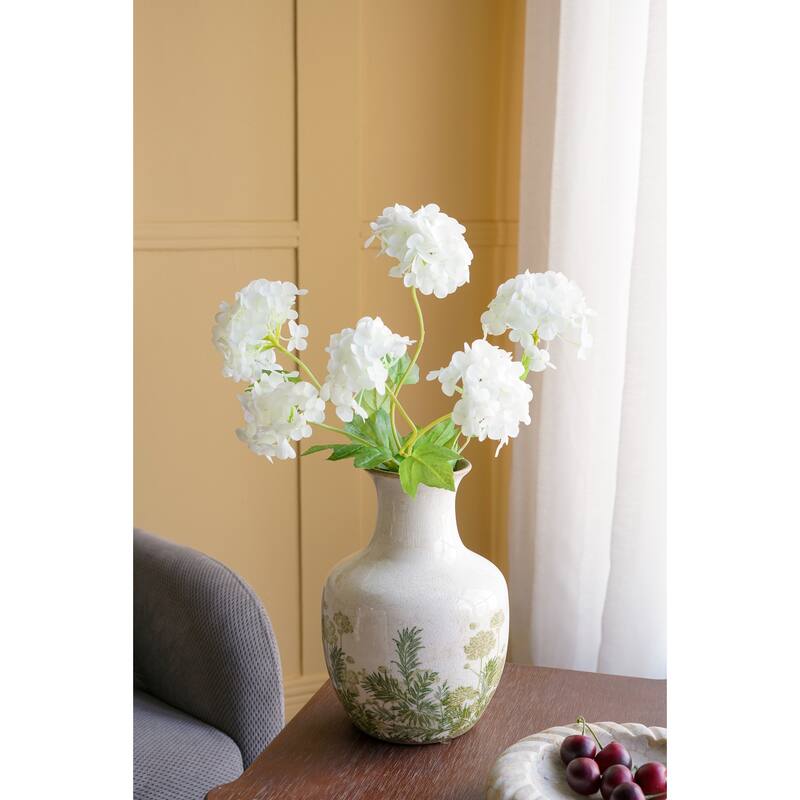 6.9x6.9x10" White Ceramic Vase With Green Floral Motif