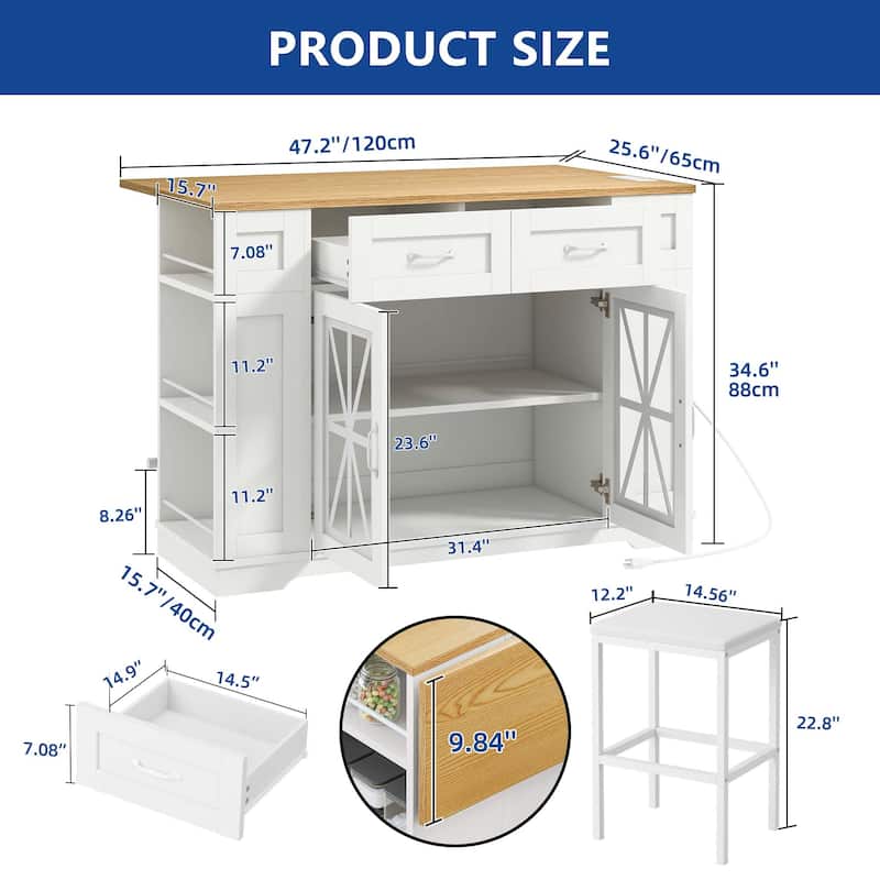 Moasis 47" Kitchen Island With Drop Leaf & 2 Bar Stools