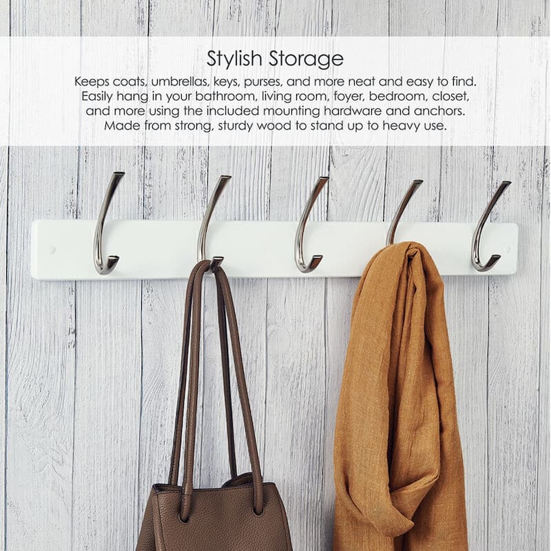 Melannco Wall Mounted Coat Rack with 5 Metal Hooks, 27X5 Inch, White