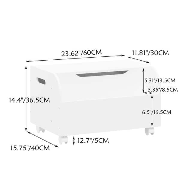 Wooden Toy Box with 4 Universal Wheels, Kids Toy Storage Organizer with Front Bookshelf, Flip-Top Lid, Safety Hinge, White