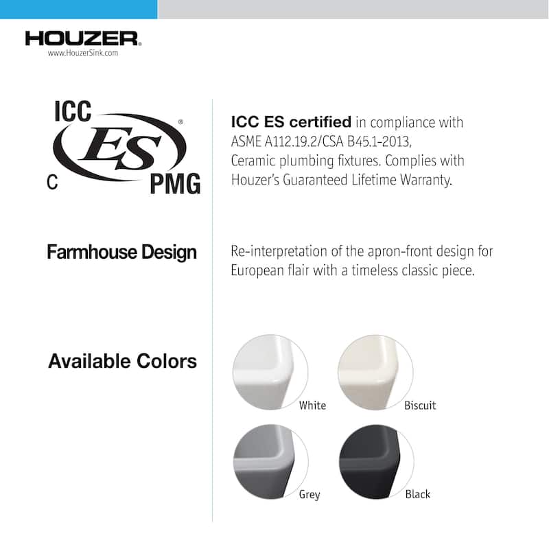 Houzer PTD-6040 Platus 33" Farmhouse Double Basin Fireclay Kitchen