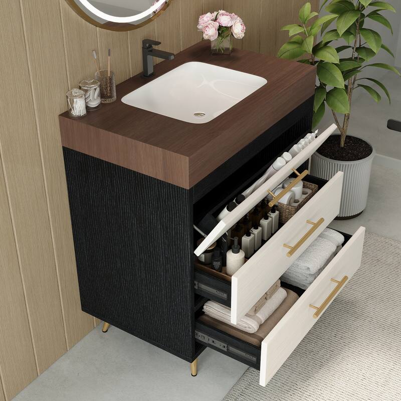 Modern Free-Standing Bathroom Vanity with Ceramic Vessel Sink & Durable Sintered Stone Top