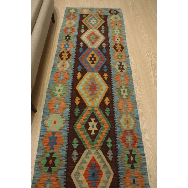 Shop Noori Rug Sangat Kilim Agha Blue Brown Runner 2 7 X 12 9 On Sale Overstock 31259872