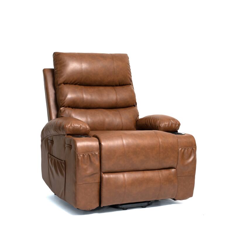 PU Leather Power Lift Recliner, Electric Recliner with Heating & Massage, Massage Chair with Side Pockets & Cup Holders