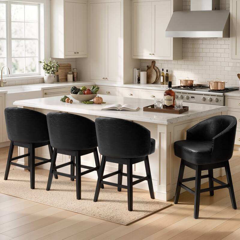 26.6" Counter Height Bar Stools Upholstered Solid Wood Swivel Barstool Set of 2/4 - Set of 4 - Black