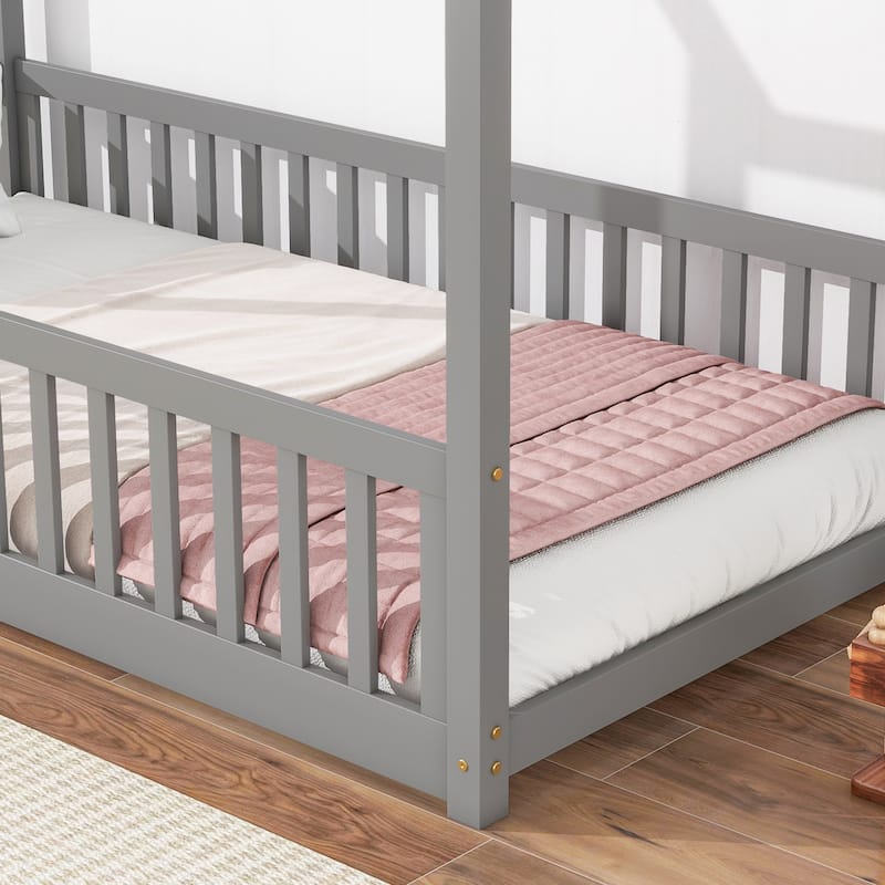 GDFStudio - Harrison American-Style Pine Twin Bed with House Design and Guardrails
