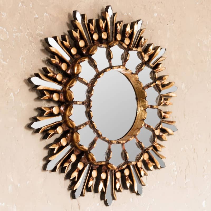 Handmade Shiny Sun Bronze gilded cedar wood wall mirror (Peru) - 1.2" H x 11.5"