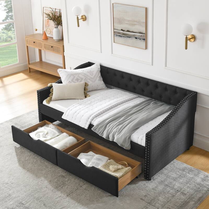 Twin Size Linen Upholstered Daybed Frame with 2 Drawers & Tufted Backrest