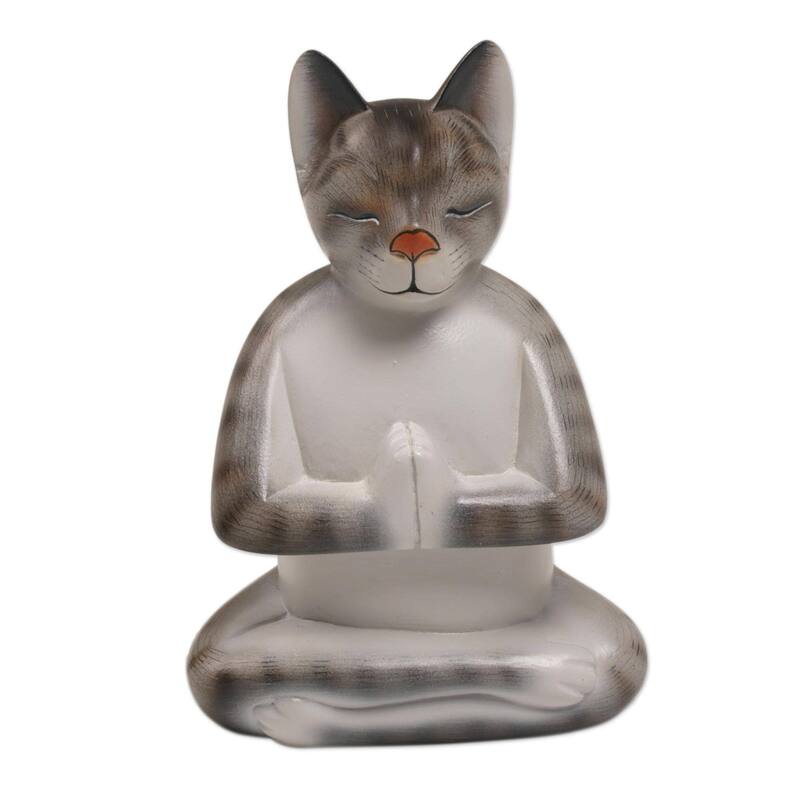 Novica Handmade Grey Cat In Deep Meditation Wood Sculpture