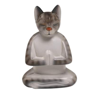 Novica Handmade Grey Cat In Deep Meditation Wood Sculpture