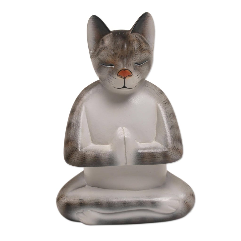 Novica Handmade Grey Cat In Deep Meditation Wood Sculpture