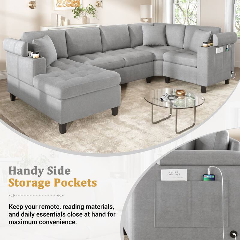 Oversized Corner Sectional, Modern U-Shaped Sectional Sofa with Built-in Storage Boxes and Dual Cup Holders, USB Ports, Pockets