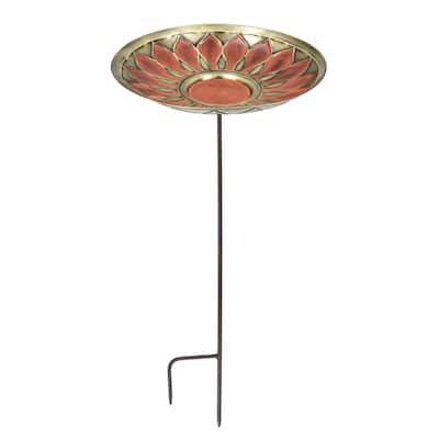 Achla Designs Red African Daisy Birdbath w/Stake, 40 Inch Tall, Antique and Patina Finish
