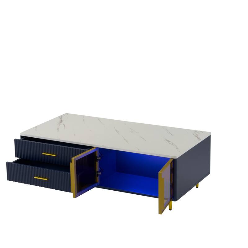 Exquisite Center Table Coffee Table with 2 Glass Doors, Navy Blue End Table Sofa Table Decorative Table with Metal Legs