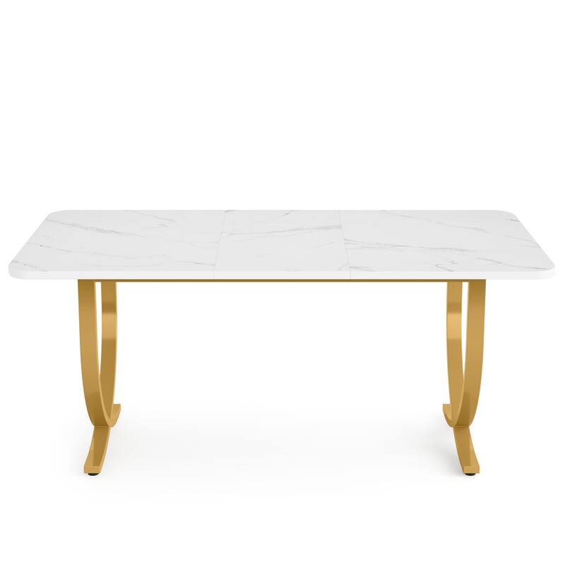 63" Executive Office Desk Modern White & Gold Computer Desk with Faux Marble Tabletop
