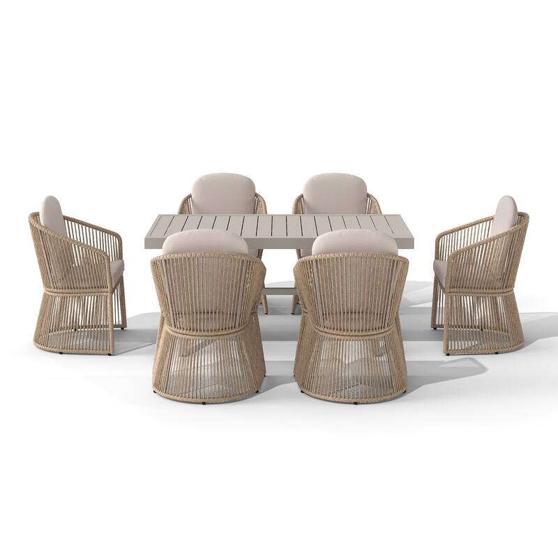 Expandable Aluminum Outdoor Dining Set with 6 PE Wicker Chairs