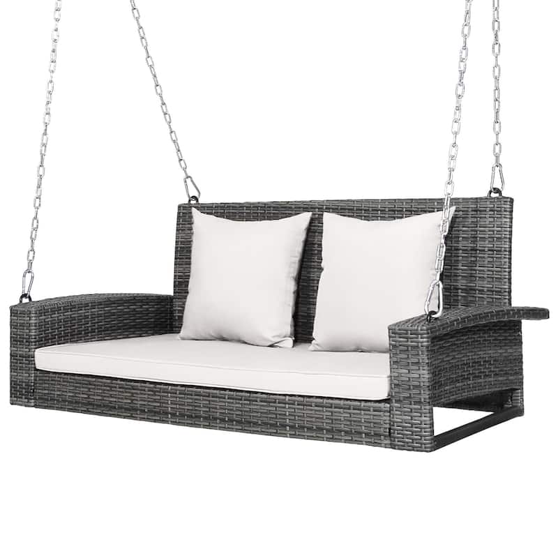 2 Person Wicker Hanging Porch Swing Outdoor Rattan Swing with Cushions - White