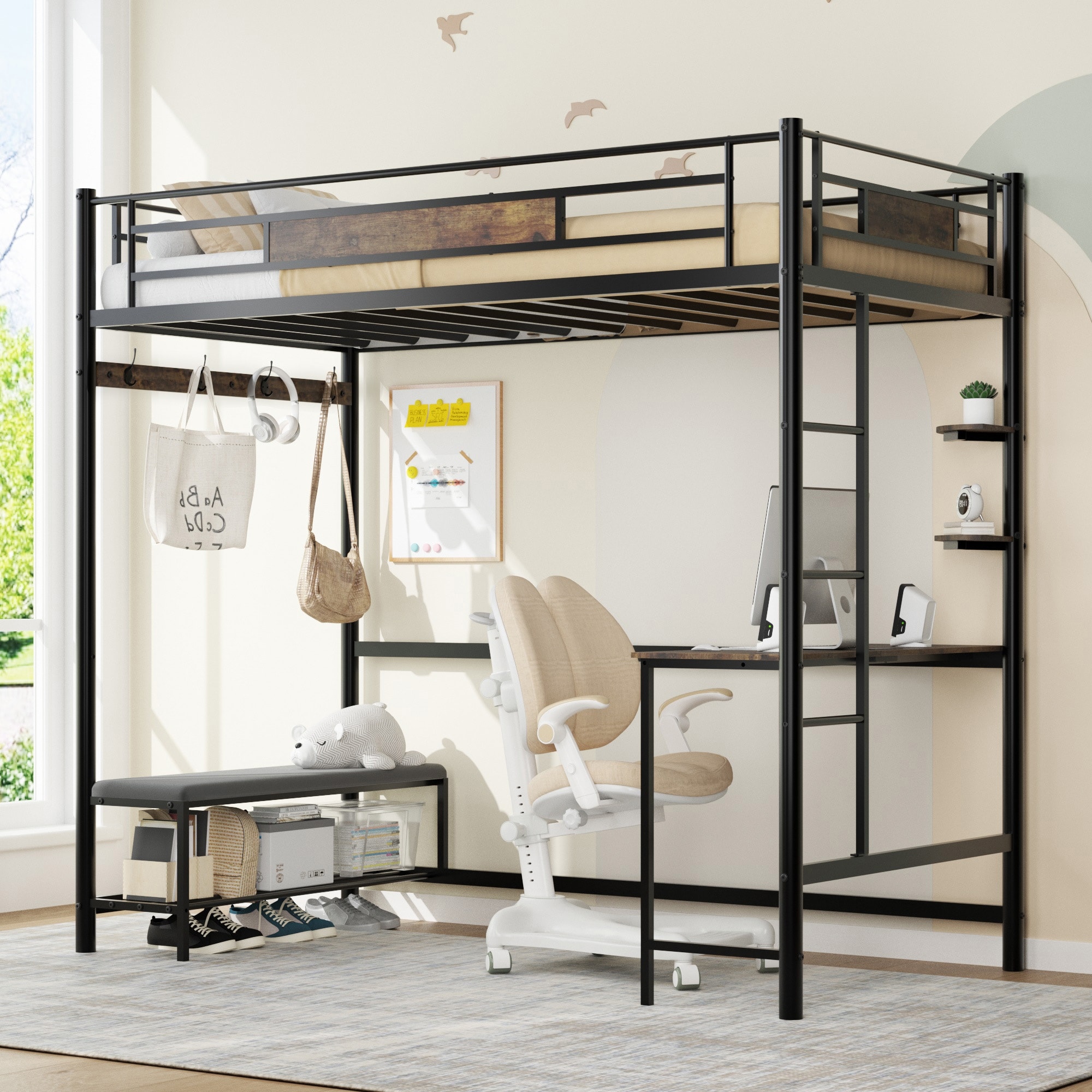 Twin Size Metal Loft Bed with L-shaped Desk, Power Outlet and Storage