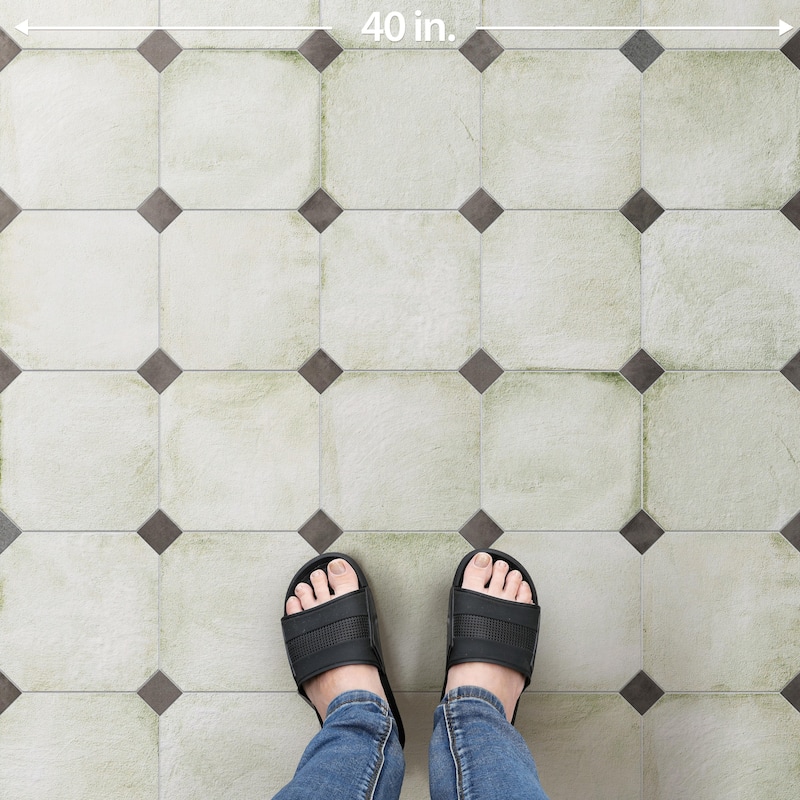 Merola Tile Laverton Octagon Nieve with Taco Grafito 7-7/8" x 7-7/8" Porcelain Floor and Wall Tile