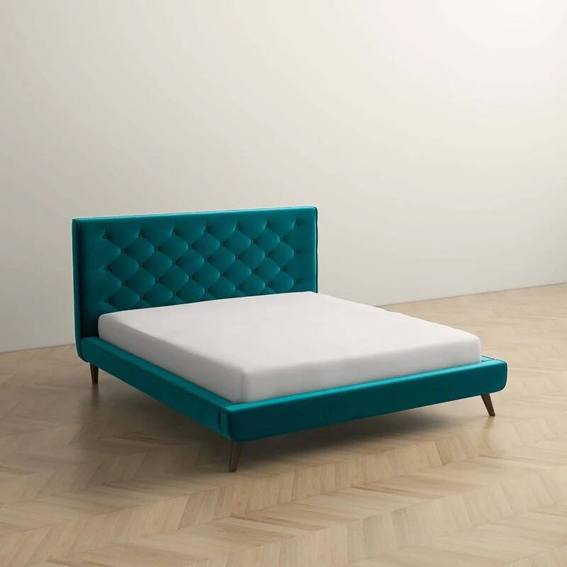 Velvet Platform Bed with Tufted Headboard and Tapered Legs, Queen Size