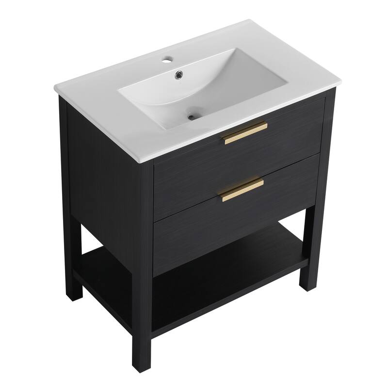 30" Bathroom Vanity with Ceramic Sink, Freestanding, Soft Closing Drawers, 4 Wood Feet, Durable and Water-Resistant