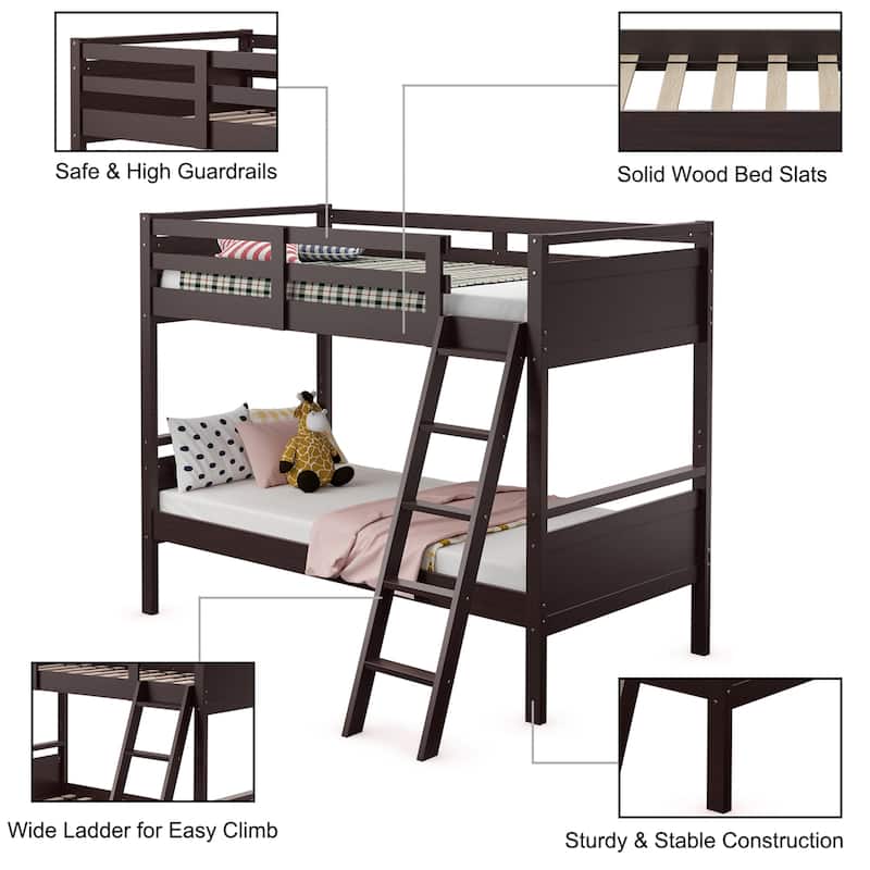 Costway Twin Over Twin Bunk Bed Convertible 2 Individual Beds Wooden