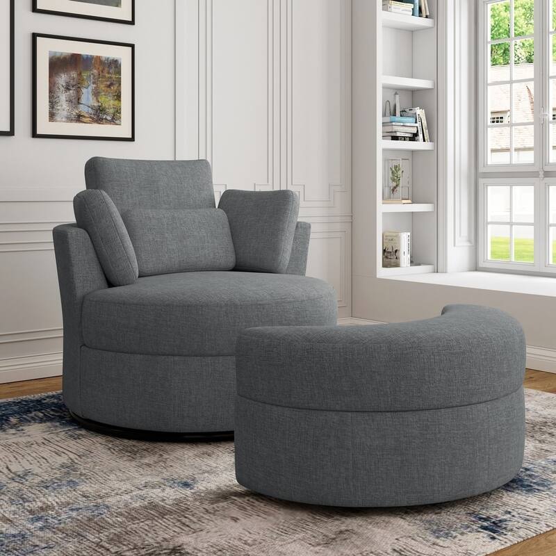 Modern Swivel Barrel Chair, Upholstered Swivel Accent Chair for Living Room - Chair Ottoman Set - Grey/Chenille