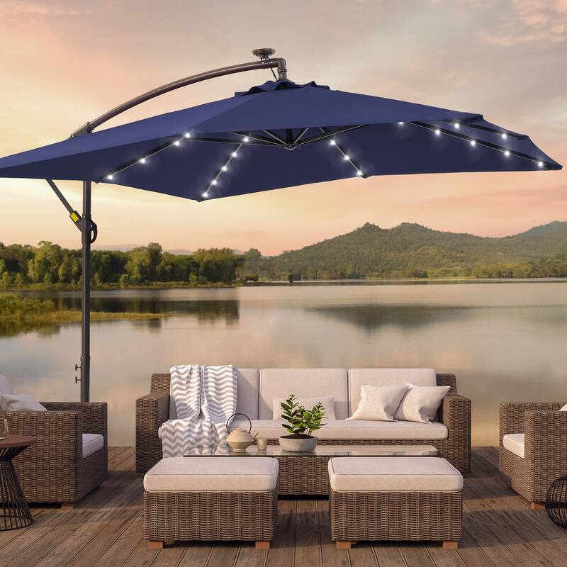 BONOSUKI Patio 8.2Ft LED Offset Umbrella,8 Steel Ribs w/Cross Base - Navy Blue
