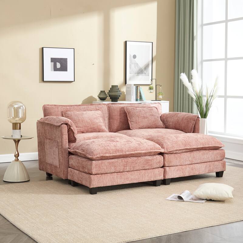 Chenille Sleeper Sofa Bed Deep Seat Loveseat Sectional Couch with Ottomans Chaise Lounge, Detachable Armrests and Side Pockets