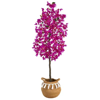 5' Artificial Bougainvillea Tree with Handmade Jute & Cotton Basket with Tassels