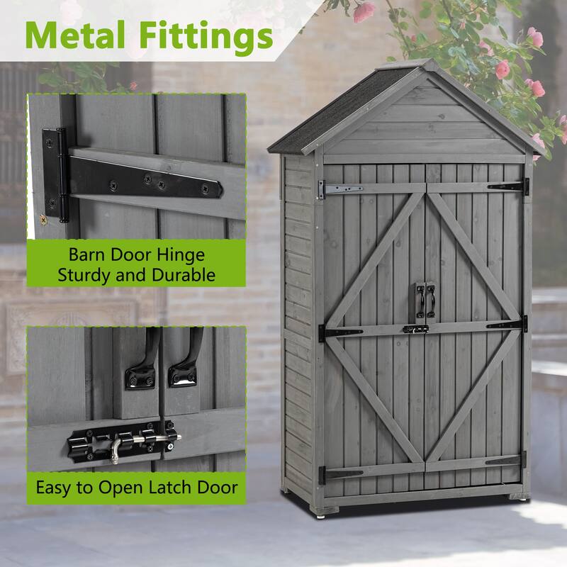 Outdoor Storage Cabinet with Removable Shelves, Wooden Closet Garden Tool Shed with Adjustable Feet, Waterproof Roof