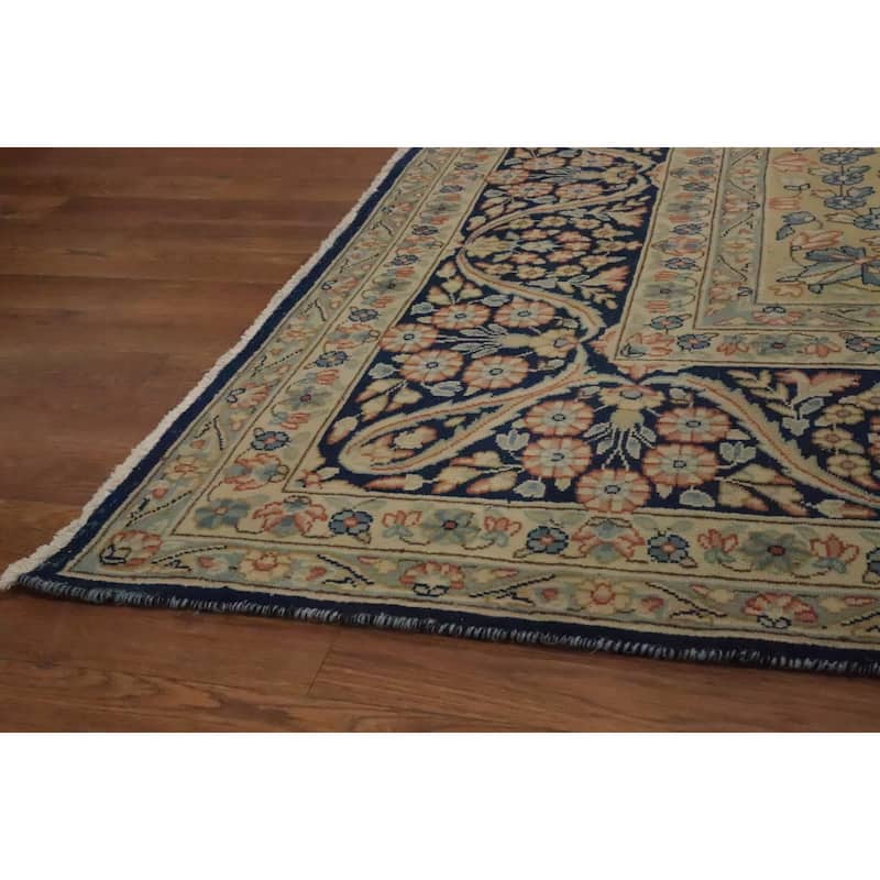 Hand Knotted Oriental 100% Wool Carpet Traditional Floral Navy Blue & Blues Kerman Area Rug - 13' 4'' X 10' 0''