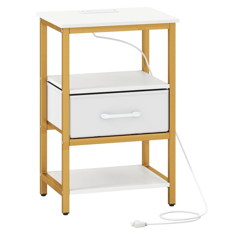 Gymax Nightstand w/Charging Station Fabric Drawer & Open Storage