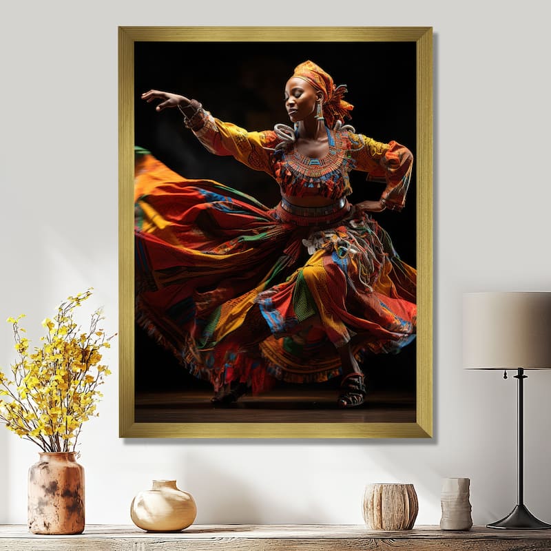 Designart "African Tribal Dance V" African American Art Framed Wall Decor - 30 in. wide x 40 in. high - Gold